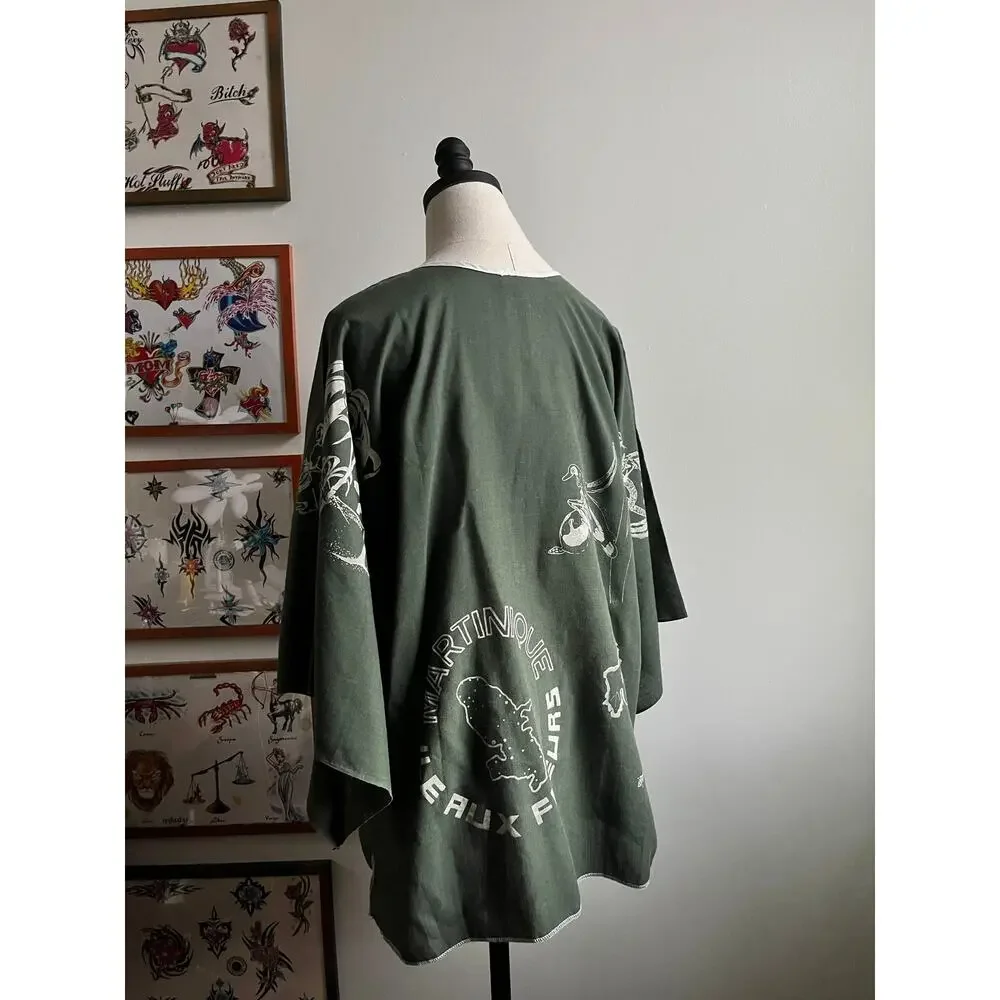 Vintage 90s Bell Sleeve Tunic | Ile Aux Fleurs Map Print | Flared Sleeves | M–XL - Picture 8 of 9